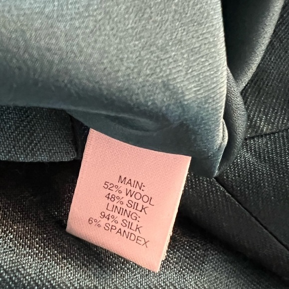 ST. JOHN COUTURE Sharkskin Silk Wool Blend Teal Open Front Jacket Blazer Size 8 - Picture 10 of 10